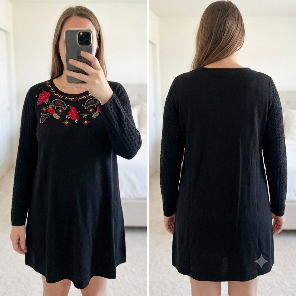 NWT VTG Carole Little Pea In The‎ Pod Sweater Dress Large Black Embroidered Wool